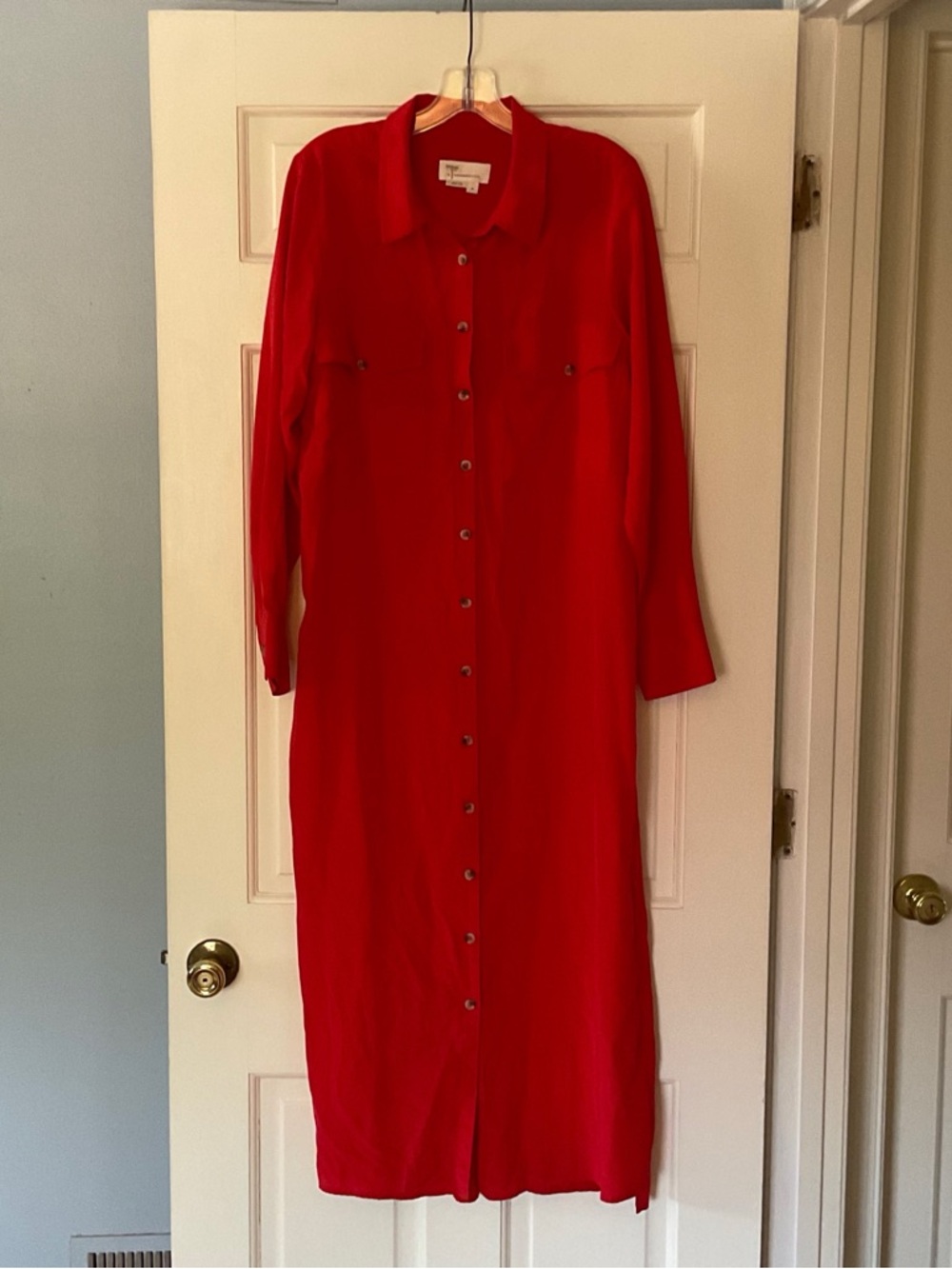 Anthropologie Long-Sleeve Silk Shirt Dress Midi Red Size M Work Office Weekend
